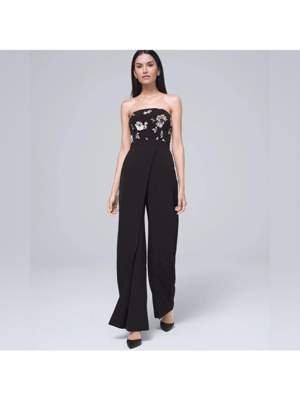 White House Black Market Strapless Black Floral Design Wide Leg Jumpsuit